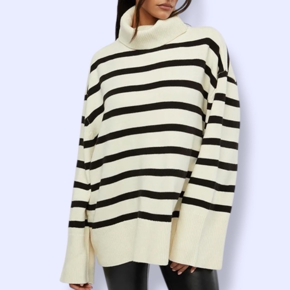 WeWoreWhat Sweaters - WeWoreWhat Striped Turtle Neck in Ecru & Black